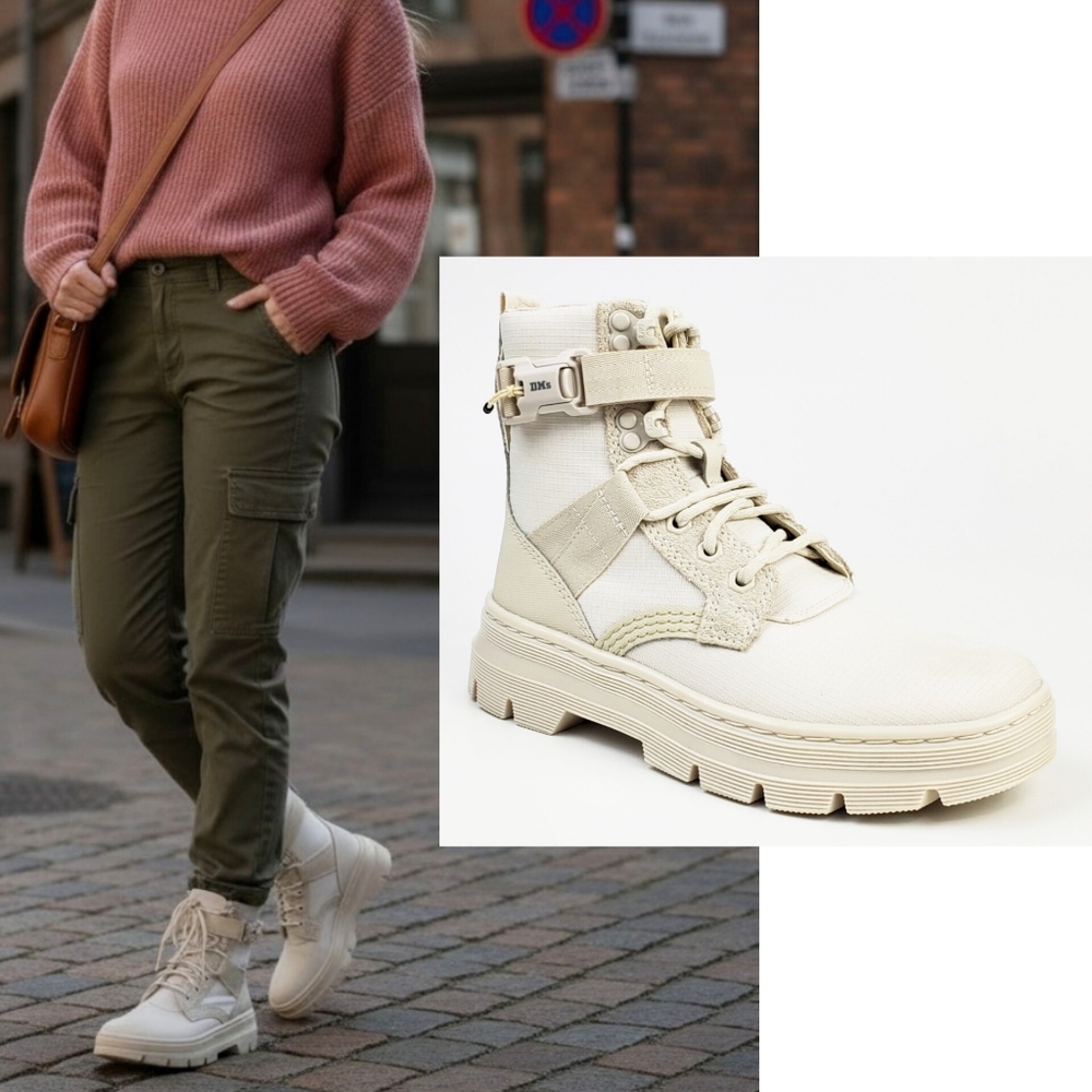 New Dr Martens combs tech ll combat boots off white natural ajax poly suede lace